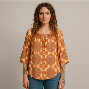 Johnny Was Jade Boho Sheer Blouse M Orange White Floral Peasant Top